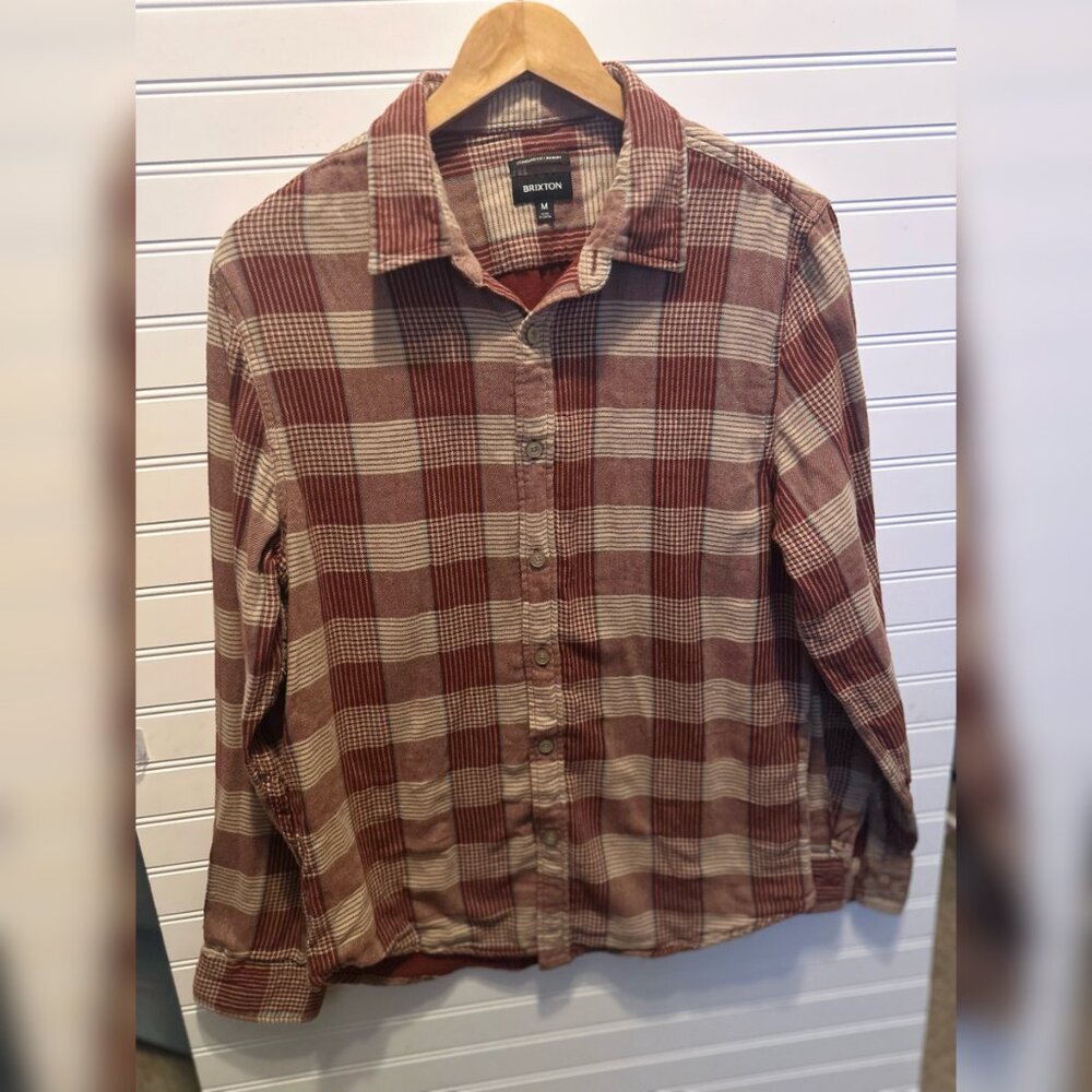 Brixton Bowery Long Sleeve Flannel Size M Maroon/Cream Plaid Button Down